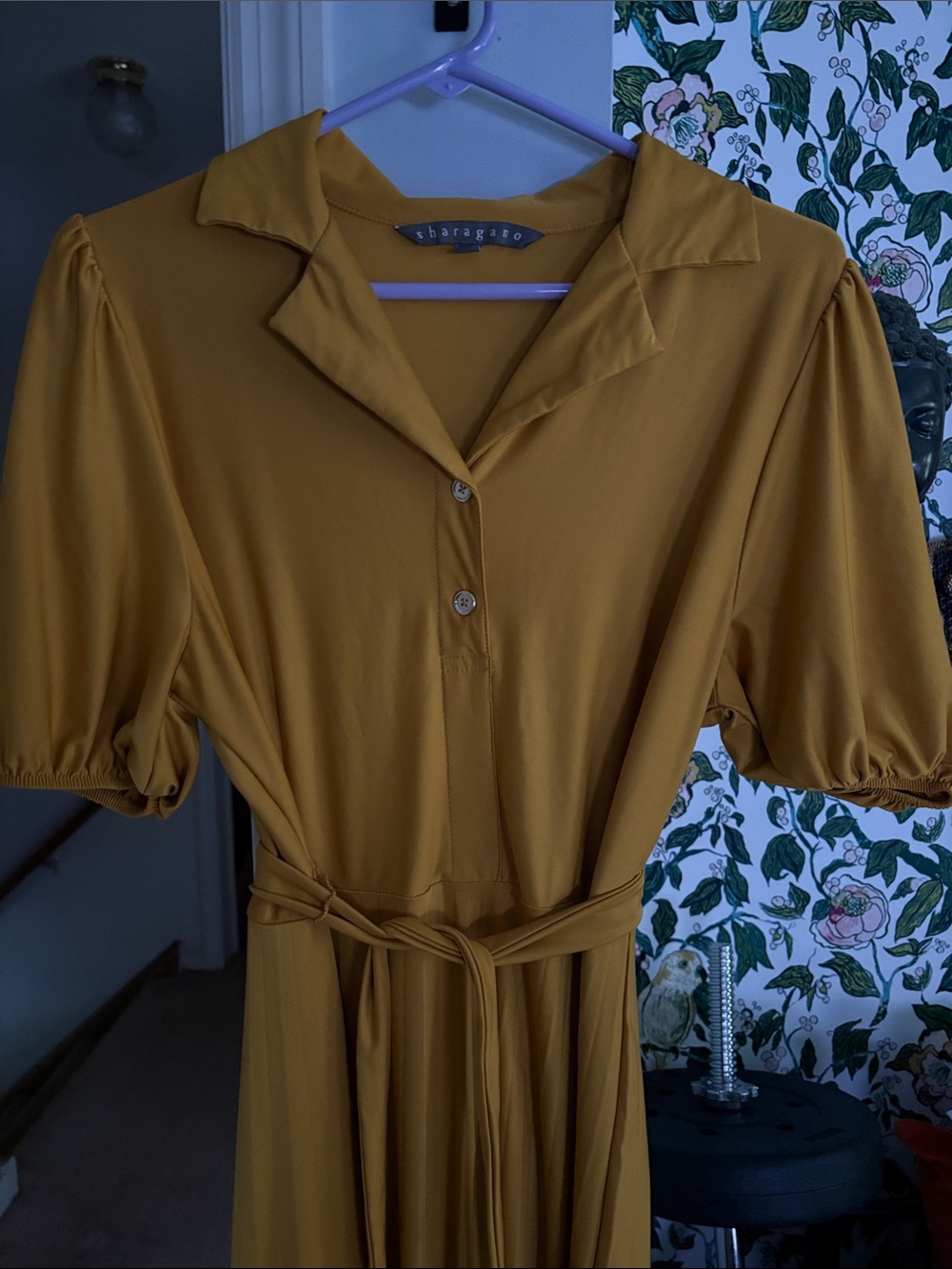 Sharagano Mustard Yellow Maxi Shirt Dress with Tie Waist